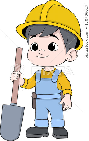 Cartoon Construction Worker Boy Holding Shovel 130706017