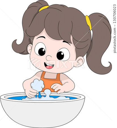 Cartoon Girl Washing Hands in Bowl of Water 130706023