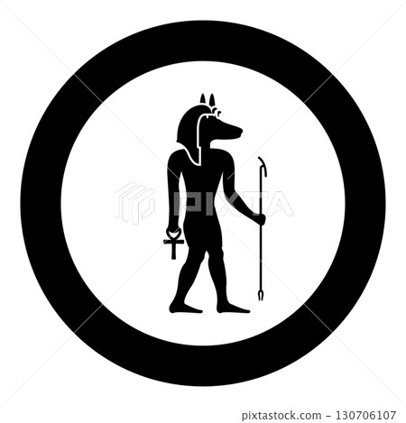 Anubis deity with jackal head ancient Egyptian god holds staff and anch cross silhouette mythical icon in circle round black color vector illustration image solid outline style Anubis deity with jackal head ancient Egyptian god holds staff and anch cross silhouette mythical icon in circle round black color vector illustration image solid outline style 130706107