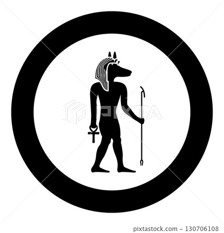 Anubis deity with jackal head ancient Egyptian god holds staff and anch cross silhouette mythical icon in circle round black color vector illustration image solid outline style Anubis deity with jackal head ancient Egyptian god holds staff and anch cross silhouette mythical icon in circle round black color vector illustration image solid outline style 130706108
