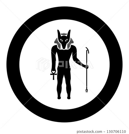 Anubis deity with jackal head ancient Egyptian god holds staff and anch cross silhouette mythical icon in circle round black color vector illustration image solid outline style 130706110