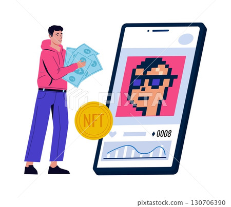 People create NFT art. Cryptography masterpieces buy and sell. Digital market. Innovation artistic auction. Phone app. Non-fungible token. Paying for unique pictures. Vector concept People create NFT art. Cryptography masterpieces buy and sell. Digital market. Innovation artistic auction. Phone app. Non-fungible token. Paying for unique pictures. Vector concept 130706390