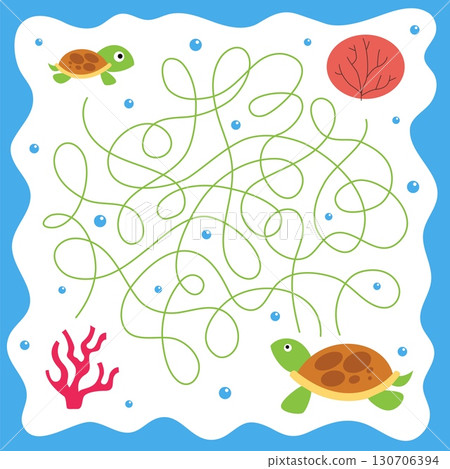 Cute fish. Maze game. Kids undersea labyrinth. Puzzle worksheet. Cartoon turtle way finding. Road searching kindergarten quiz. Underwater animal. Vector printable workbook task design 130706394