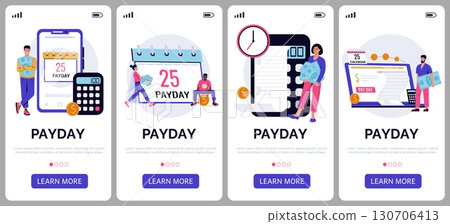 Payday characters. Pay day. Mobile onboarding interface. People waiting salary. Wage for working. Payoff date. Phone app. Employee holding banknotes and wallet. Vector templates set Payday characters. Pay day. Mobile onboarding interface. People waiting salary. Wage for working. Payoff date. Phone app. Employee holding banknotes and wallet. Vector templates set 130706413