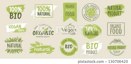 Organic label. Fresh nature logo, 100 bio food or recycle eco tag. Green text button, fruit or leaf icon. Healthy products packaging design isolated elements. Vector stamp and stickers 130706420