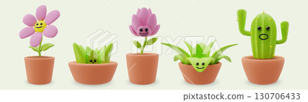 3d plants. Flower cactus characters, cute succulent face in pot or green kawaii flowerpot. Decorative sansevieria, houseplants in pots. Glossy render cartoon isolated vector illustration 130706433