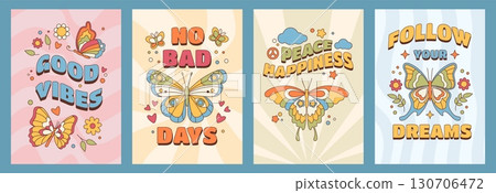 Flower posters. Retro flying butterfly, groovy vintage boho quote or 70s floral girl stickers. Peace t shirt print. Exotic tropical doodle insects, Vector design, cartoon illustration 130706472