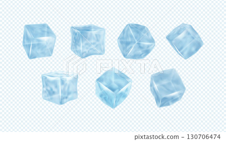 Ice cube. 3d frost block, square water piece for drink, crystal and frosty cool blue objects for cold refrigerator. Melt water, various angles view isolated vector realistic illustration 130706474