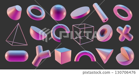 3D neon figures. Holographic object render. Abstract gradient capsule or tube. Sphere form. Donut ring and cube. Iridescent pyramid. Foil hemisphere. Vector isolated glossy shapes set 3D neon figures. Holographic object render. Abstract gradient capsule or tube. Sphere form. Donut ring and cube. Iridescent pyramid. Foil hemisphere. Vector isolated glossy shapes set 130706476