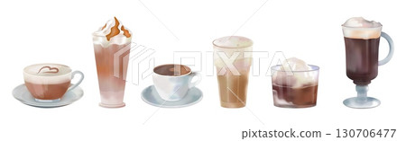Coffee drinks. Cafe barista menu. Ice beverage cup. Hot latte glass. Cold frappe. Espresso or milk foam cappuccino. Watercolor caffeine americano. Vector restaurant isolated icons set 130706477