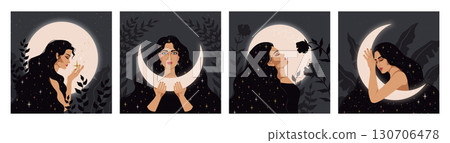 Woman hair. Witch planet drawing. Mystery night sky space. Modern abstract sleep universe art. Girls dream. Midnight crescent. Esoteric astrology. Female face. Vector mystic posters set 130706478