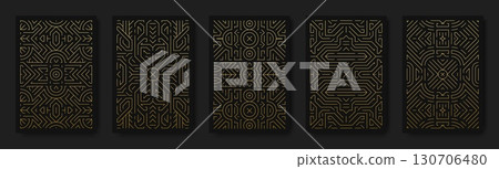 Art deco pattern. Tarot magic card. Mystic geometric engraving texture. Gatsby deck. Premium ornament. Classic foil ornament print. Gold line shape motif. Vector abstract backgrounds set 130706480