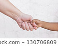 Hands of child and adult. Interracial family holding hands, Caucasian mother and dark skin son or daughter. Motherhood and childhood concept. Close-up a mother giving a hand to her child 130706809