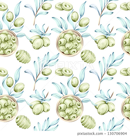 Seamless pattern of olives and olive oil in watercolor style capturing the essence of Italian cuisine nature and healthy eating for background and wallpaper use 130706904