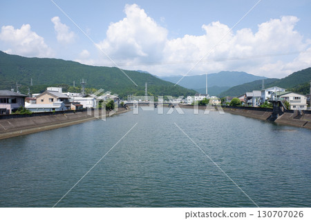 View of the Mugi River from Okawa Bridge towards Mugi Chuo Bridge, Tokushima Prefecture 130707026