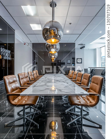 A sleek, modern dining room with a marble table, modern design chairs, and a unique design chandelier. The space is decorated in a sophisticated black and white color scheme. 130707319