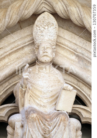 Statue of St. Mark the Evangelist on the St Mark s Church in the historic city Korcula at the island Korcula in Croatia 130707359