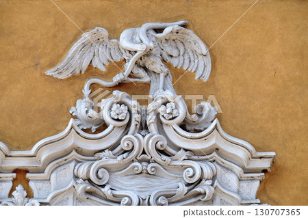 Beautiful house facade with carved stone animals in Mantua, Italy 130707365