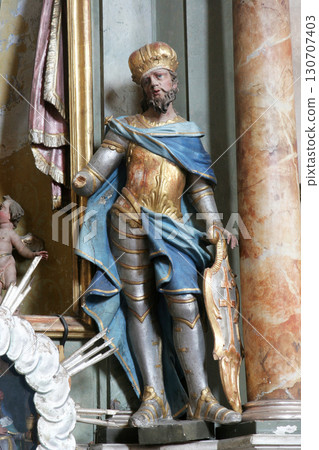 Saint Ladislaus, statue on the Sacred Heart of Jesus altar in church of Assumption in Sveta Marija na Muri, Croatia 130707403
