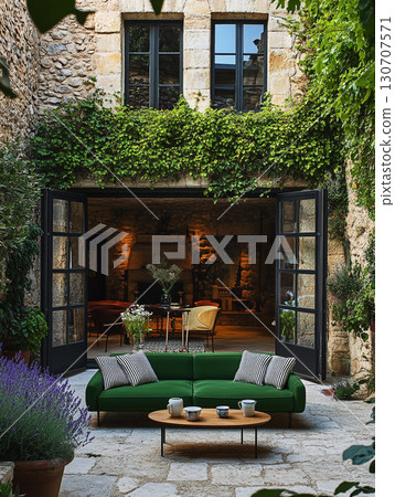 A cozy, sunlit outdoor courtyard with stone walls covered in ivy, furnished with comfortable seating, small tables, and a green velvet sofa, creating a tranquil retreat. 130707571