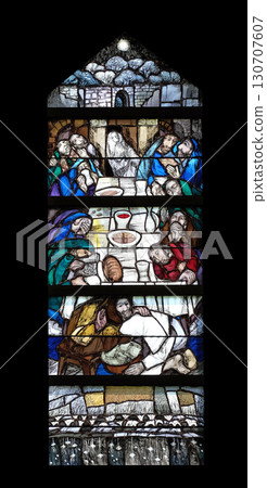 God begins salvation in this world through His Son Jesus Christ, stained glass window by Sieger Koder in St. John church in Piflas, Germany God begins salvation in this world through His Son Jesus Christ, stained glass window by Sieger Koder in St. John church in Piflas, Germany 130707607
