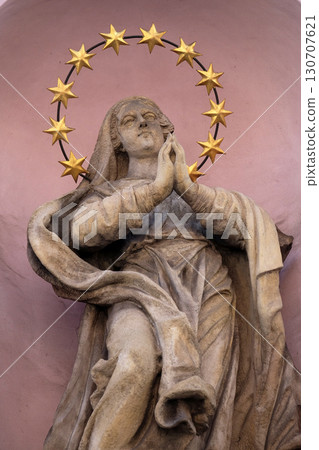 Virgin Mary statue on the facade of the Saint Francis church in Budapest, Hungary 130707621