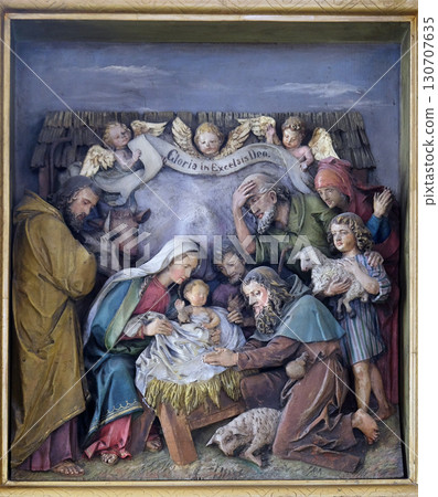 Birth of Jesus, Adoration of the Shepherds, relief in the church of Saint Martin in Zagreb, Croatia Birth of Jesus, Adoration of the Shepherds, relief in the church of Saint Martin in Zagreb, Croatia 130707635