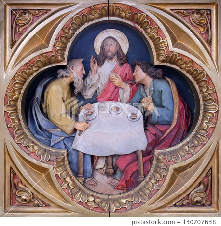 Supper at Emmaus, relief in the church of Saint Martin in Zagreb, Croatia Supper at Emmaus, relief in the church of Saint Martin in Zagreb, Croatia 130707638