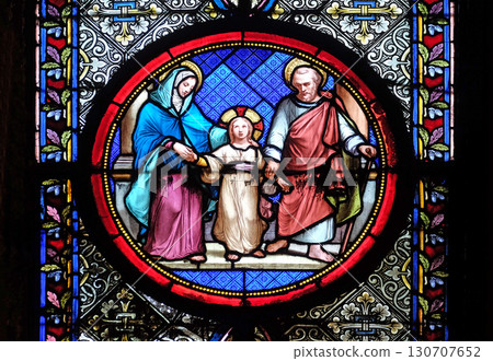 Holy Family, stained glass window in the Basilica of Saint Clotilde in Paris, France Holy Family, stained glass window in the Basilica of Saint Clotilde in Paris, France 130707652