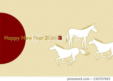 2026 年馬年新年賀卡插圖(日式圖案背景上有三匹白馬和一個紅色圓圈) 2026 年馬年新年賀卡插圖(日式圖案背景上有三匹白馬和一個紅色圓圈) 130707685