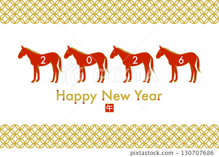 2026年馬年新年賀卡插圖（四匹紅馬和日式框架） 130707686