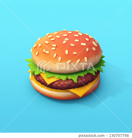 A vibrant, cartoonish 3D burger icon with a sesame seed bun, a beef patty, cheese, and lettuce. It's a fun and stylized representation of a classic fast food item. 130707798