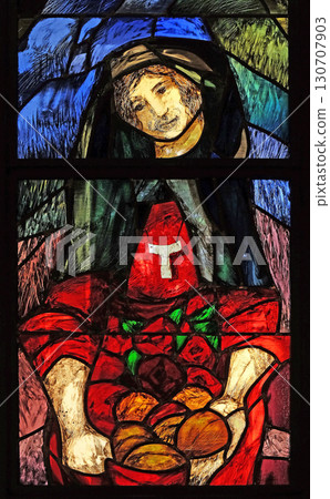 Saint Elizabeth of Hungary, detail of stained glass window by Sieger Koder in Franciscan abbey in Kleinostheim, Germany 130707903