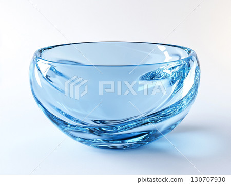 A close-up of a clear, light blue glass bowl on a white surface, showcasing its smooth, translucent surface and a subtle spiral pattern at its base. A close-up of a clear, light blue glass bowl on a white surface, showcasing its smooth, translucent surface and a subtle spiral pattern at its base. 130707930