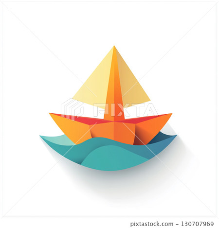 A simple, three-dimensional geometric paper boat with colorful folded sides on a white background.  130707969