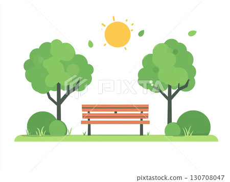 A cartoon illustration of a serene park landscape with a bench in the center. The scene is bright, with various stylized trees, flowers, and the sun shining overhead, creating a peaceful outdoor setti A cartoon illustration of a serene park landscape with a bench in the center. The scene is bright, with various stylized trees, flowers, and the sun shining overhead, creating a peaceful outdoor setti 130708047