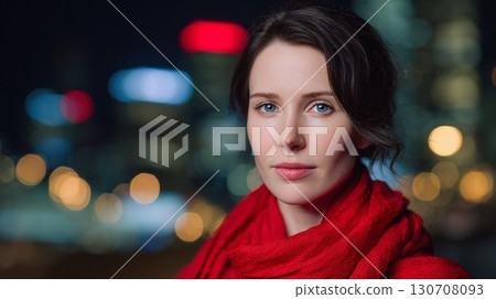 A serene portrait of a woman with striking blue eyes, a red scarf, and a blurred city skyline in the background. Night scene, soft lighting, close-up. 130708093
