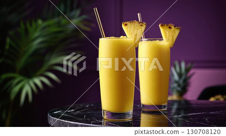 Refreshing pineapple blended drinks garnished with pineapple wedges and golden straws on a dark marble table against a purple background with green plants. 130708120