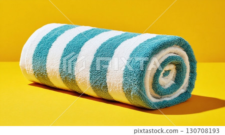 A rolled-up towel with blue and white stripes, poised on a bright yellow surface, ready for beach days or poolside lounging. Soft texture invites relaxation. 130708193