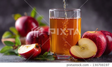 Refreshing apple juice being poured into a glass. Fresh red apples and sliced apples adorn the table against a dark backdrop. 130708197