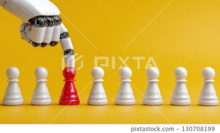 AI selecting a unique pawn: Robotic hand choosing a red pawn from a row of white pawns on a yellow surface, symbolizing AI-driven strategy and selection. AI selecting a unique pawn: Robotic hand choosing a red pawn from a row of white pawns on a yellow surface, symbolizing AI-driven strategy and selection. 130708199