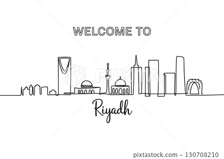 Single line drawing of Riyadh skyline and text saudi arabia 130708210