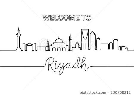 Single line drawing of Riyadh skyline and text saudi arabia_1. 130708211