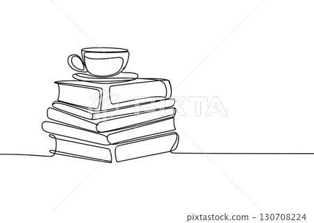 Stack of books with coffee cup single line drawing Stack of books with coffee cup single line drawing 130708224