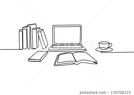 A Single Continuous Line Drawing of a Laptop, Books, and Coffee on a Desk 130708225