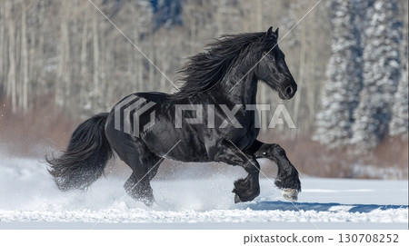 Stunning black horse gallops through a snowy landscape. Its powerful build and flowing mane create a dramatic image of freedom and natural beauty. 130708252
