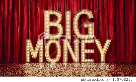 Vintage style marquee lights on stage spell out "Big Money" against a backdrop of red curtains and golden confetti. A showstopping display of wealth and glamour. 130708253