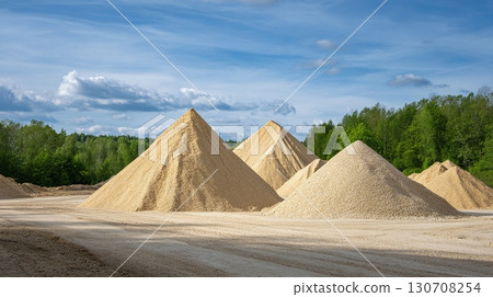 Sand and Aggregate Piles: Mounds of material are stacked outdoors, creating angular forms against a backdrop of trees and a partially cloudy sky. 130708254