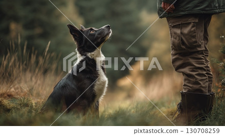 Attentive Border Collie gazes up at its owner in a lush meadow. 130708259