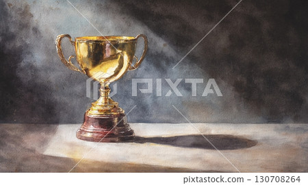Golden trophy cup under soft lighting. Symbol of achievement and success. A timeless emblem of victory. Golden trophy cup under soft lighting. Symbol of achievement and success. A timeless emblem of victory. 130708264